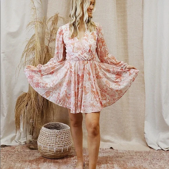 Astr | Dresses | Astr The Label Floral Long Sleeve Plisse Wrap Front Dress  | Poshmark